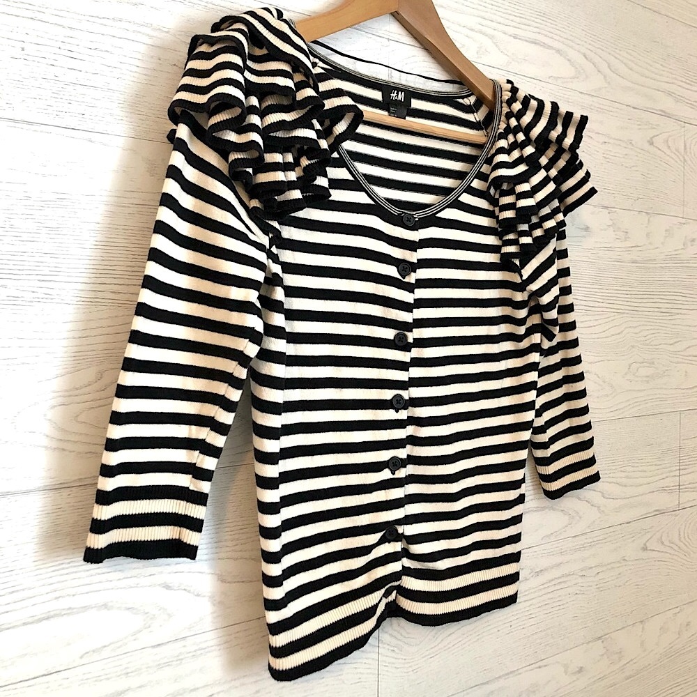 H&M Ruffle Shoulder Striped Cardigan Sweater, XS